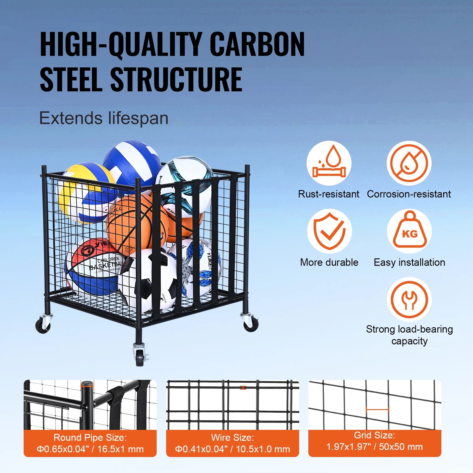 Rolling Sports Ball Storage Cart  Steel Rack for Garages Gym and Schools
