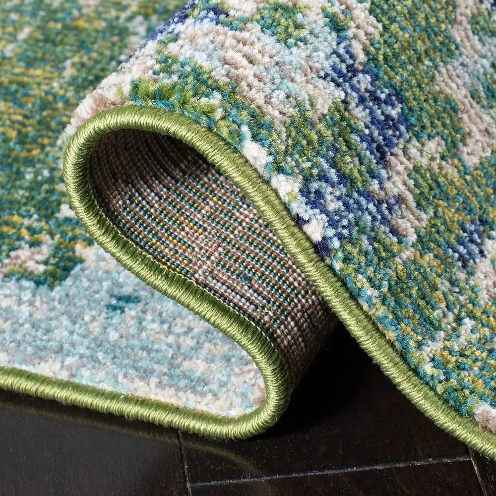 Area Rug 12 x 15, Green amp Turquoise, Boho Abstract Distressed Design, No Shedding , Easy Care,