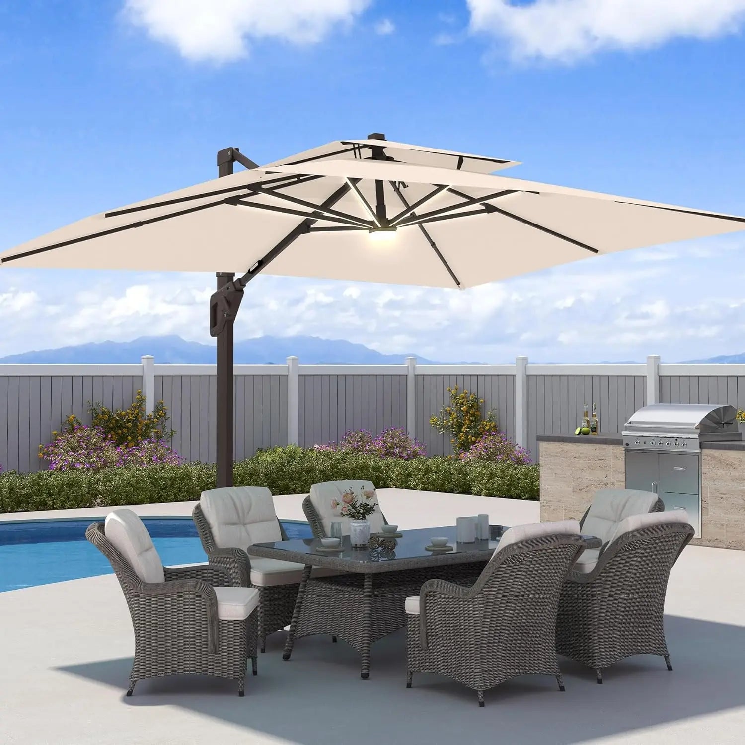 9x12 FT Offset  Patio Umbrella with LED Lights  Rectangle Aluminum