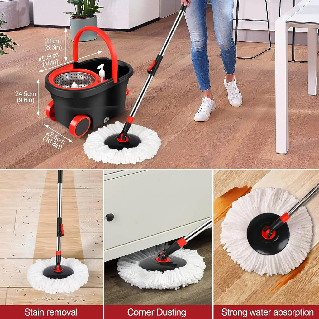 360 Spin Mop Bucket with 3 Microfiber Heads 61'  Handle  & Two Wheels