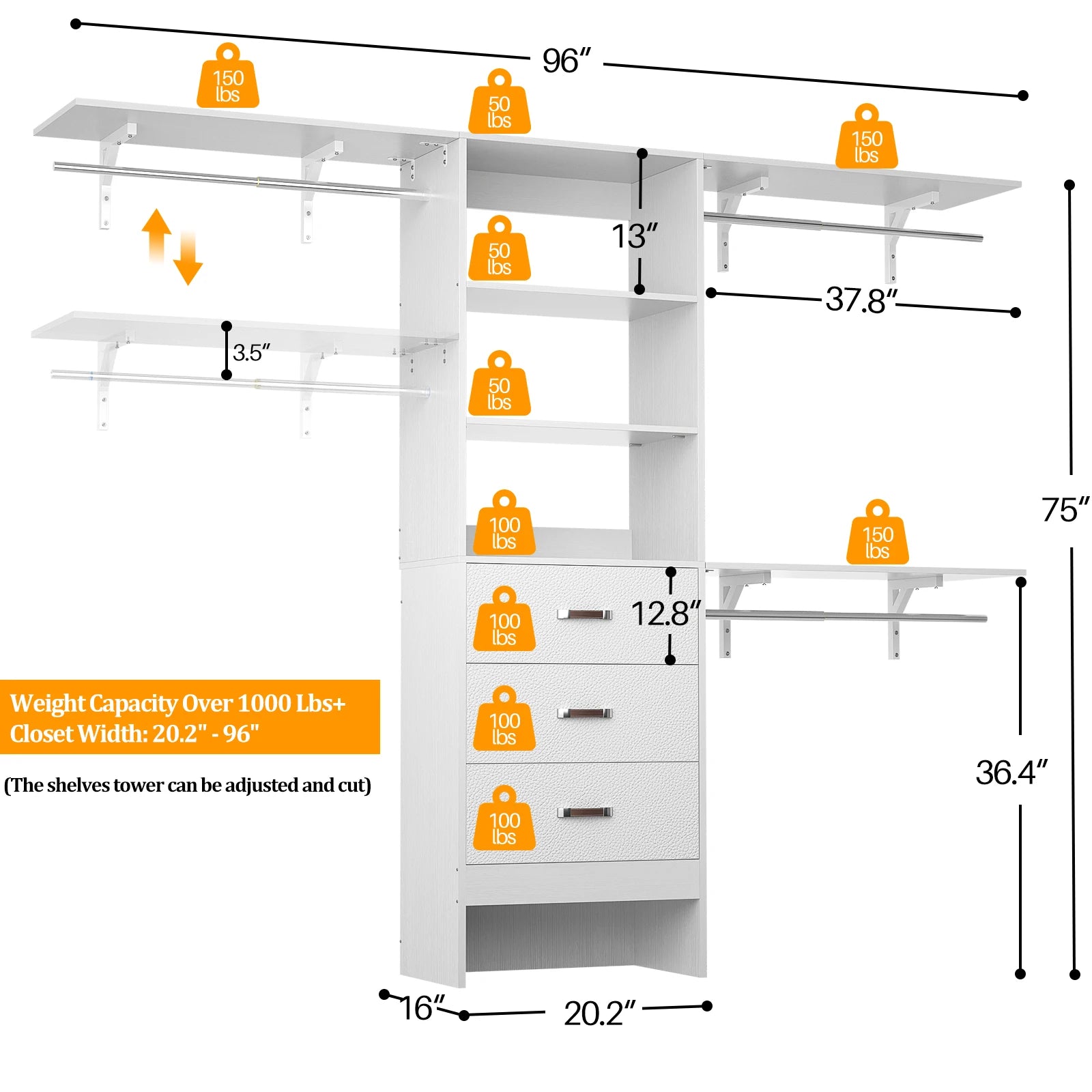 96 Inches Heavy Duty Closet System with 3 Drawers , Shelving Towers, Clothes Rack with Hanging Rods