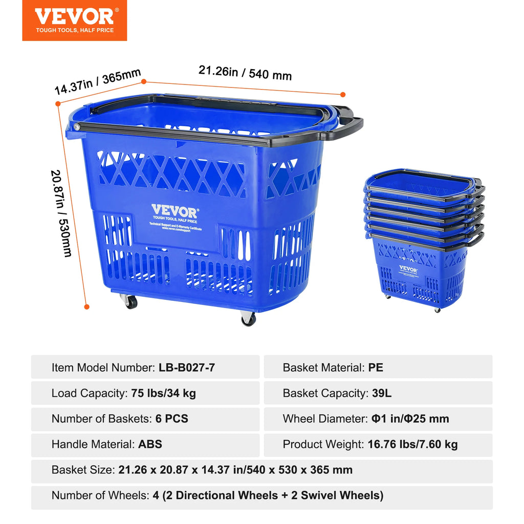 6PCS Shopping Rolling Baskets 39L Carts with Handles & Wheels Portable  for Supermarkets