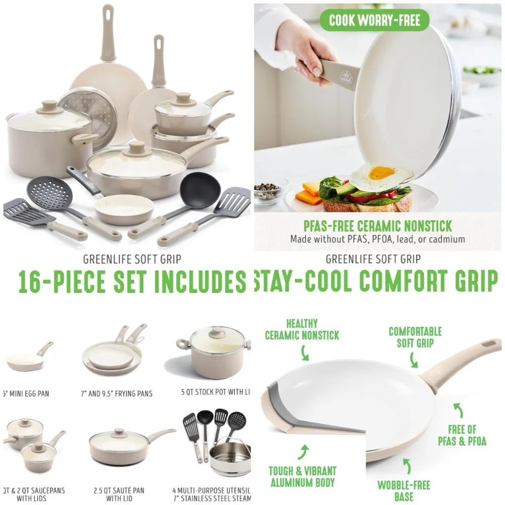16 Piece  PFAS Ceramic Nonstick Cookware Set, Soft-Grip Dishwasher & Oven Safe
