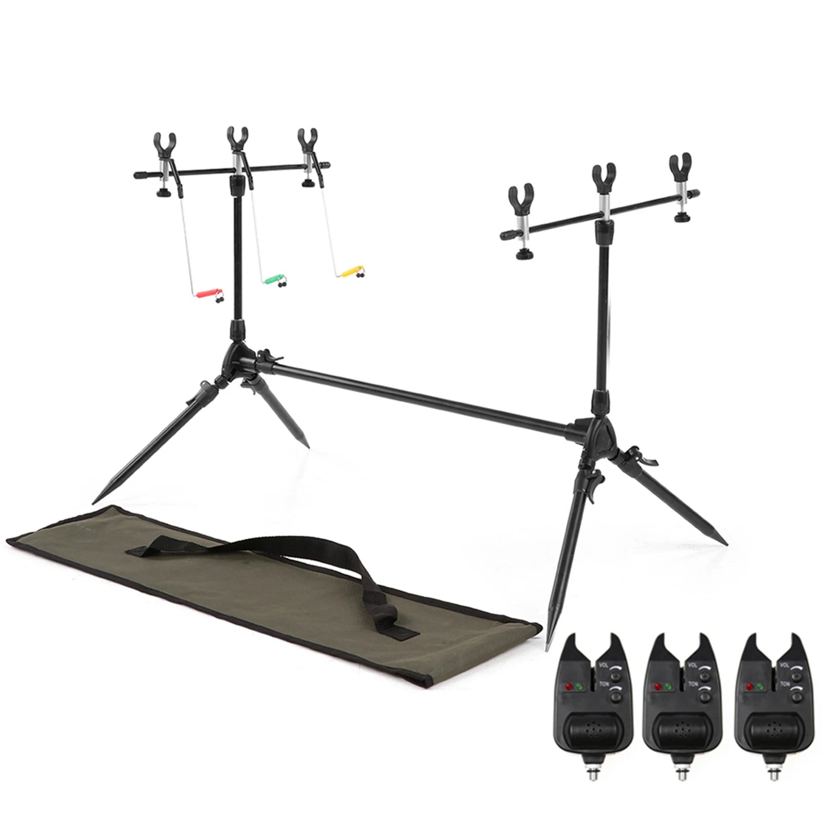 Fishing Rod Pod Stand Adjustable Retractable Carp Hold with 3 Bite Alarms and Swingers Indicator