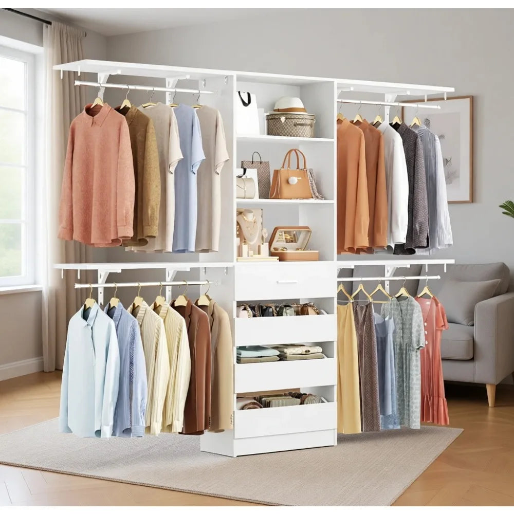 4 Drawer 8FT Wood Closet Organizer with Shelves, 96" Tower for 4-9 ft Spaces,