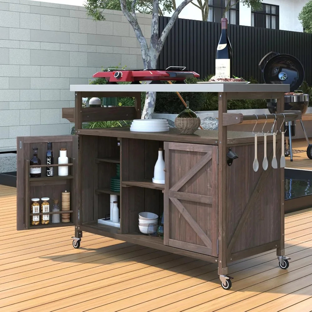 Outdoor Bar Cart with Storage, Portable Rolling Kitchen Island, Stainless Steel Top for Grill  Dark Brown