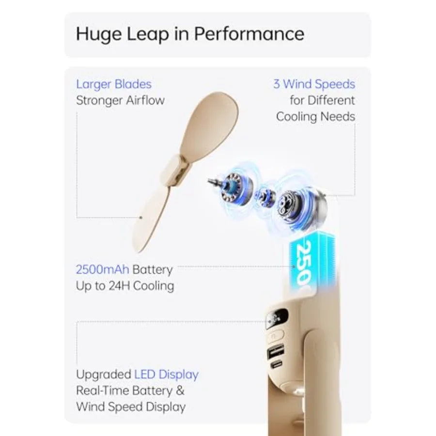 Handheld Travel Fan, Upgraded Mini Portable Fan with Up to 24 Working Hours for Long-term  Cooling, Combines Power Bank