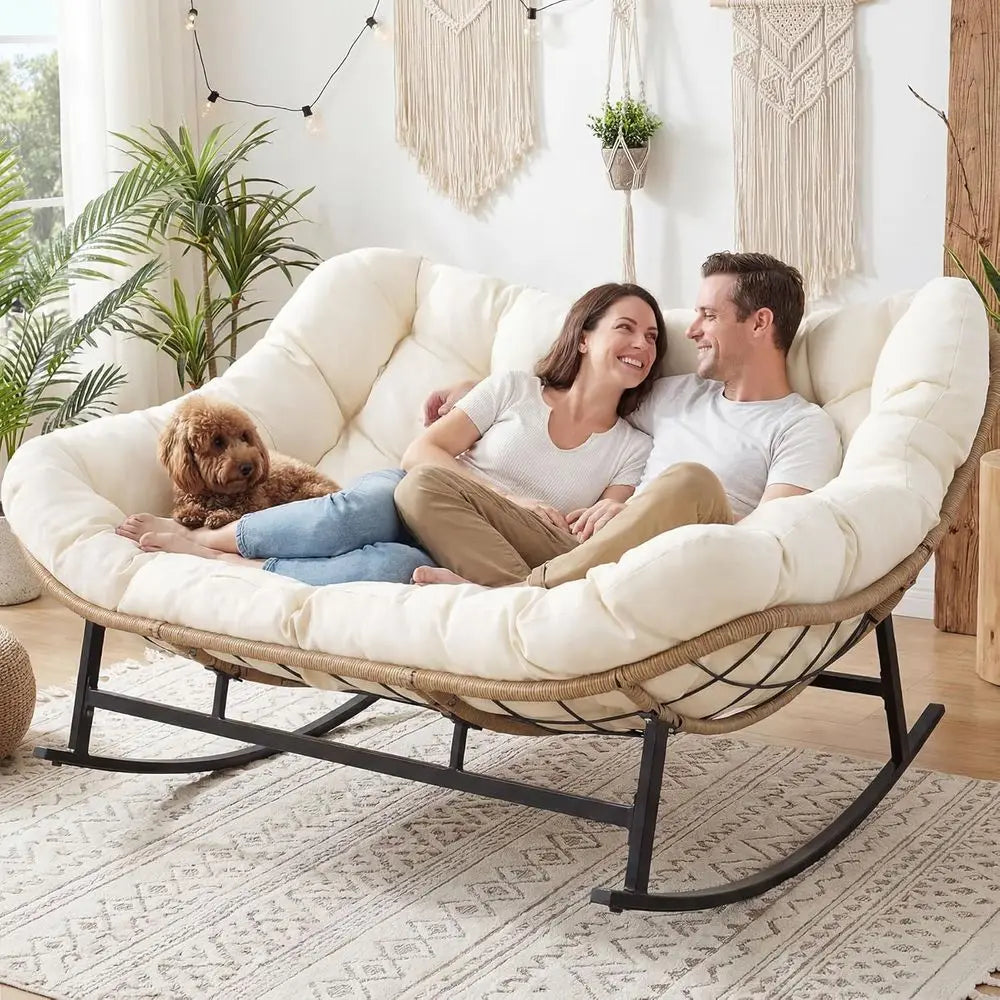 2-Person Wicker Rocking Loveseat with Cushion for Outdoor Relaxation