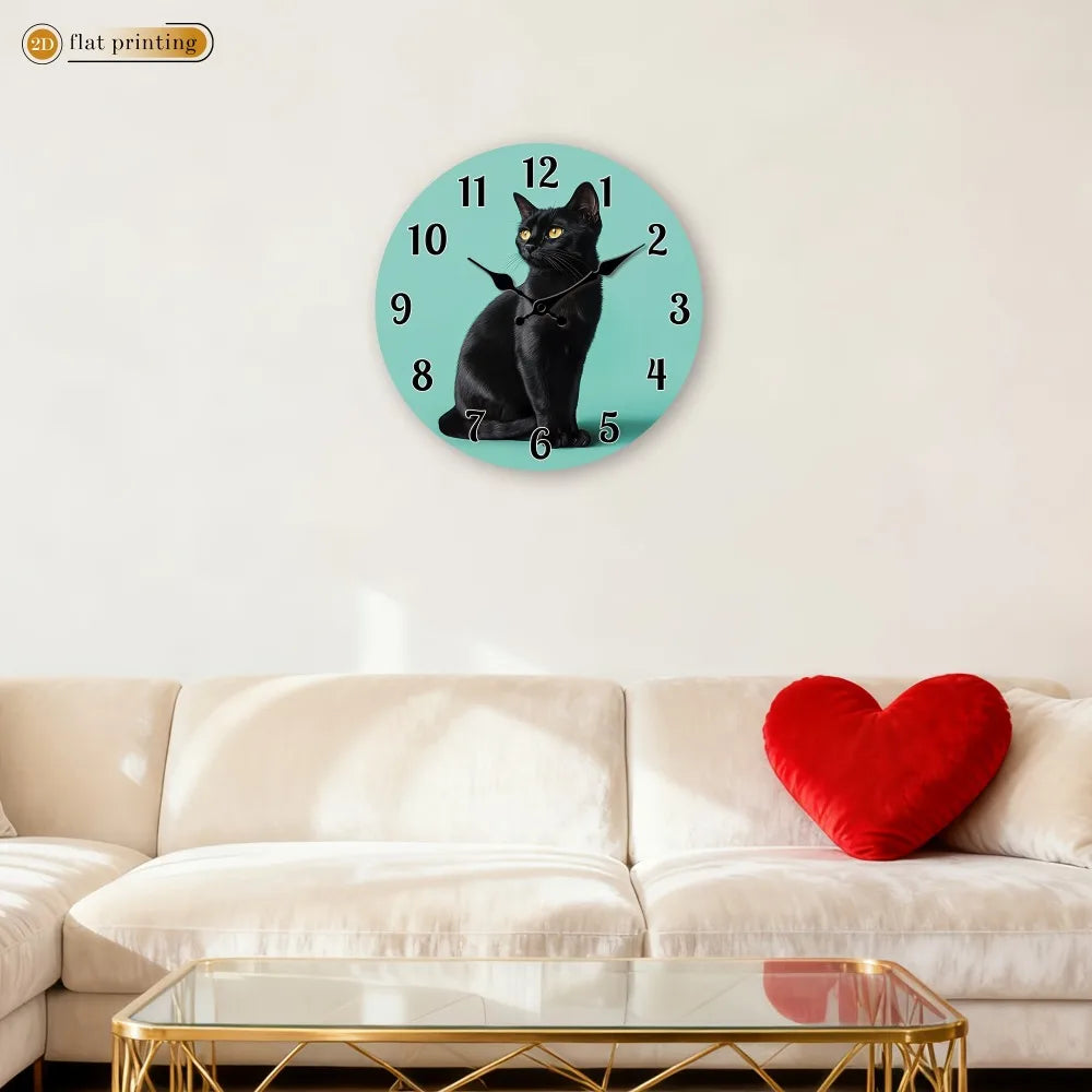 1pc Black Cat Portrait Wall Clock | Wooden Silent Clock, 2D Flat Printing,