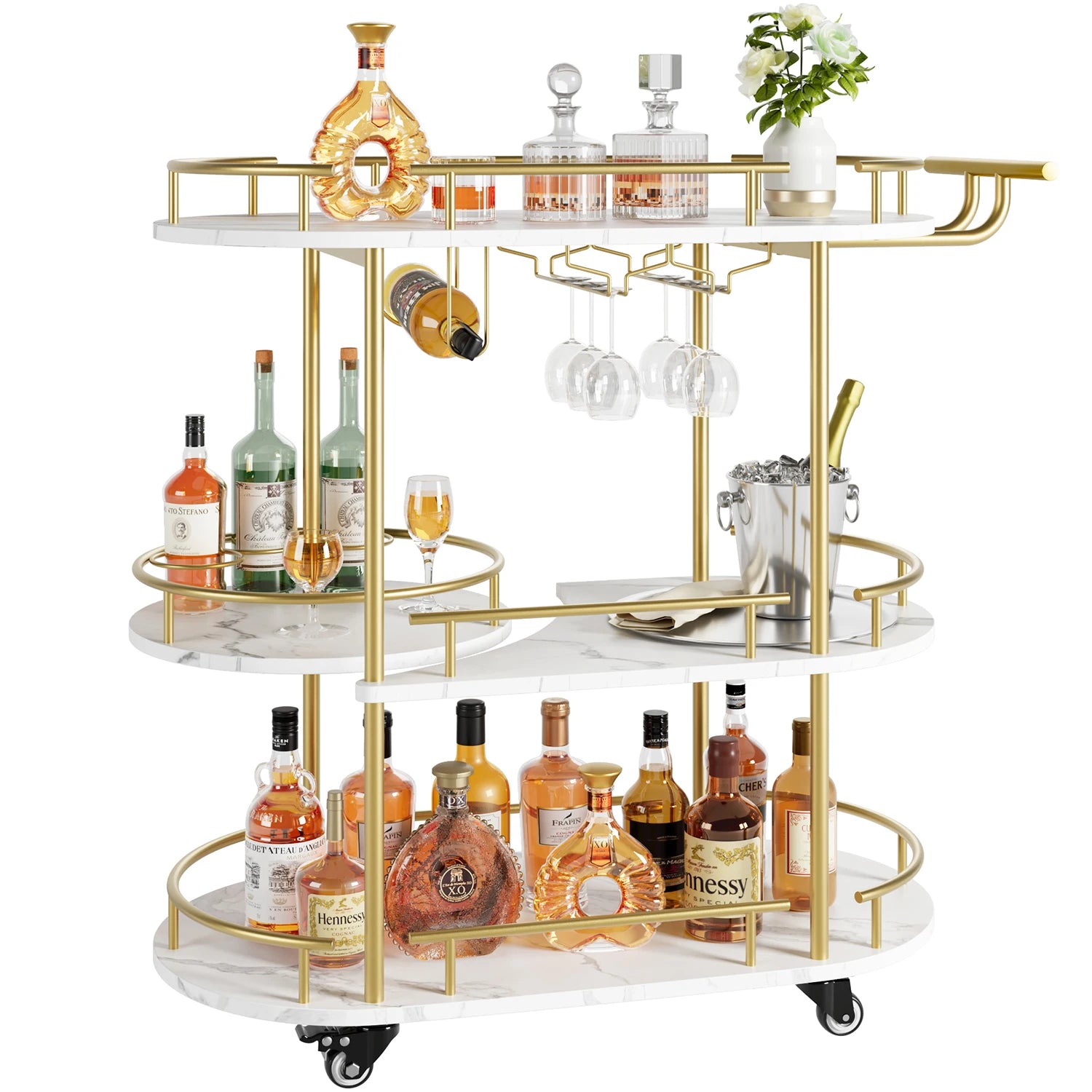Gold Mobile  Bar Carts with 4-Tiers Storage Serving Shelves Cart On Wheels  and Glass Holder