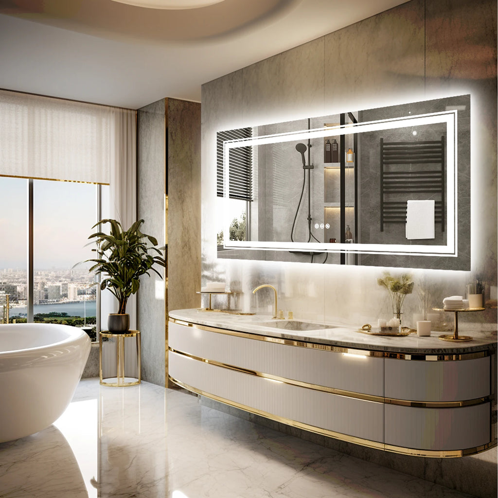 Extra Large Rectangle Bathroom Mirror LED  Dimmable Backlit Anti-Fog Memory with Front and Backlight Shatter-Proof