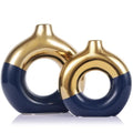 Gold and Navy Blue Ceramic Donut Vase Set of 2,