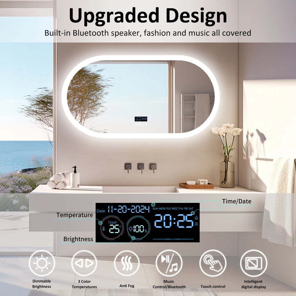 Oval LED Bathroom Mirror with Lights, Anti-Fog, Bluetooth Speaker, 3 Colors Temperature Dimmable Lighted  Waterproof