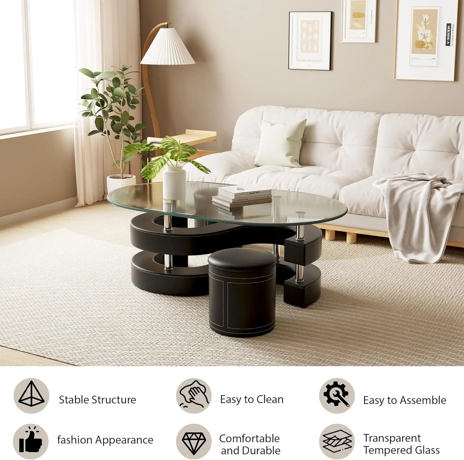 Modern oval glass coffee table set with 2 stools & tempered glass top
