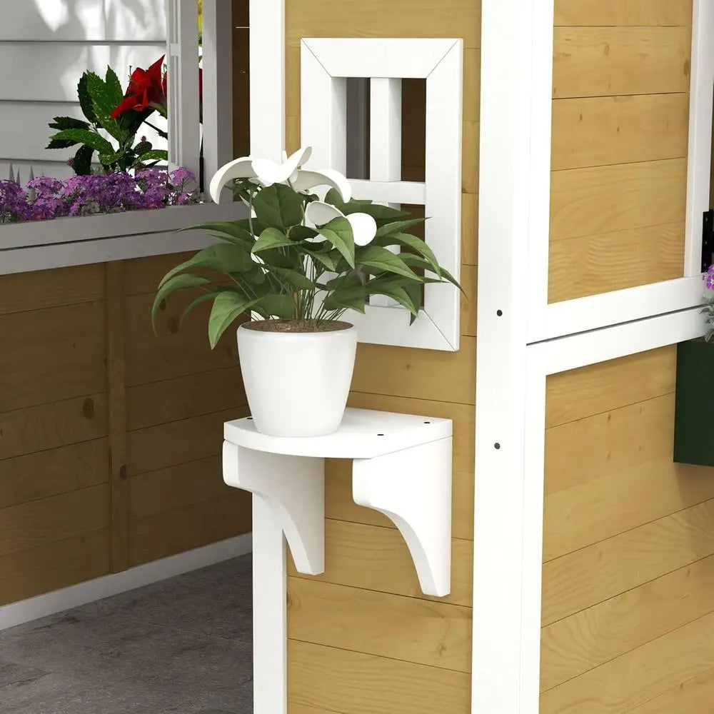 Children's Wooden Playhouse with Doors, Windows, and Planters,