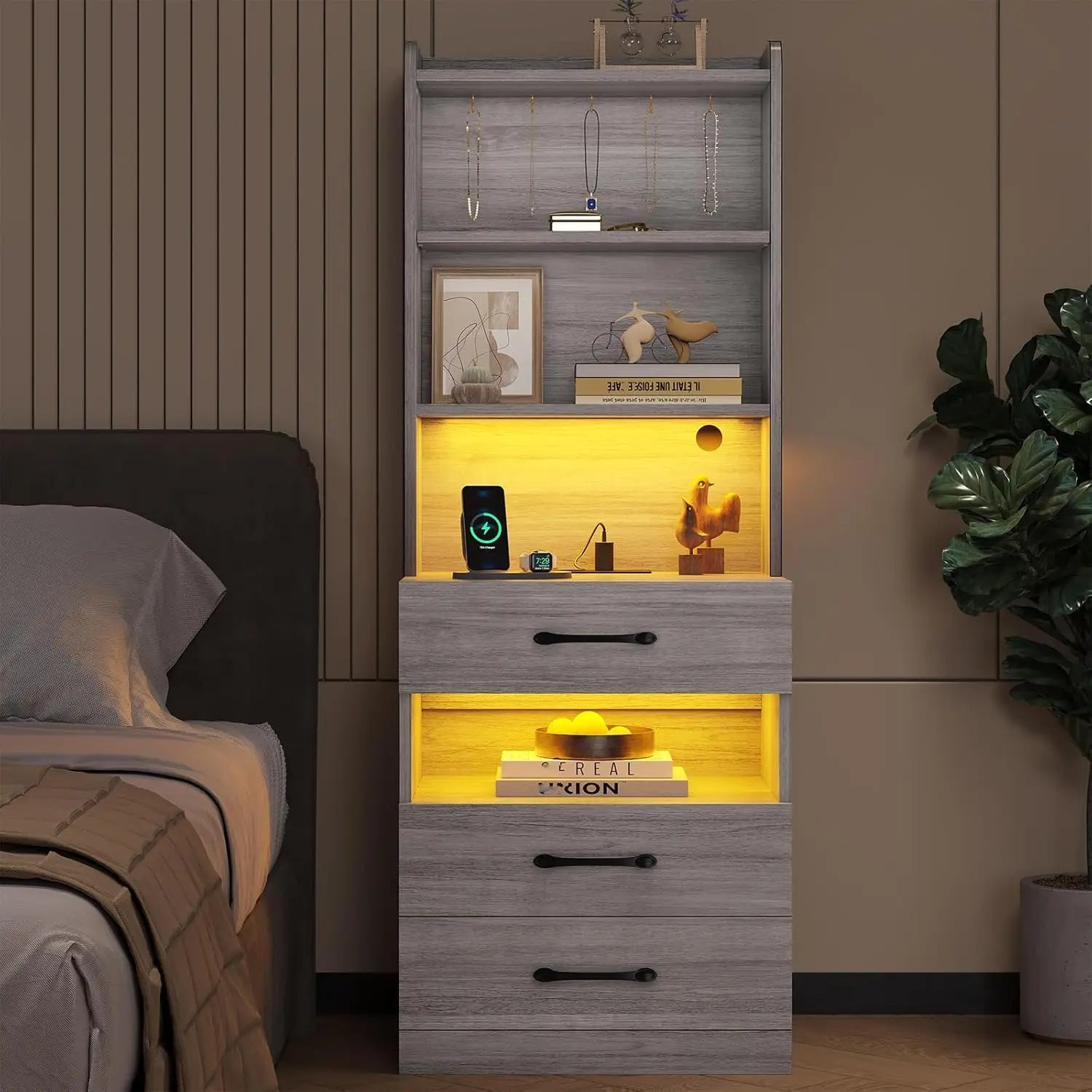 Tall LED Nightstand with Charging Station,  Rustic brown, Bedside Table