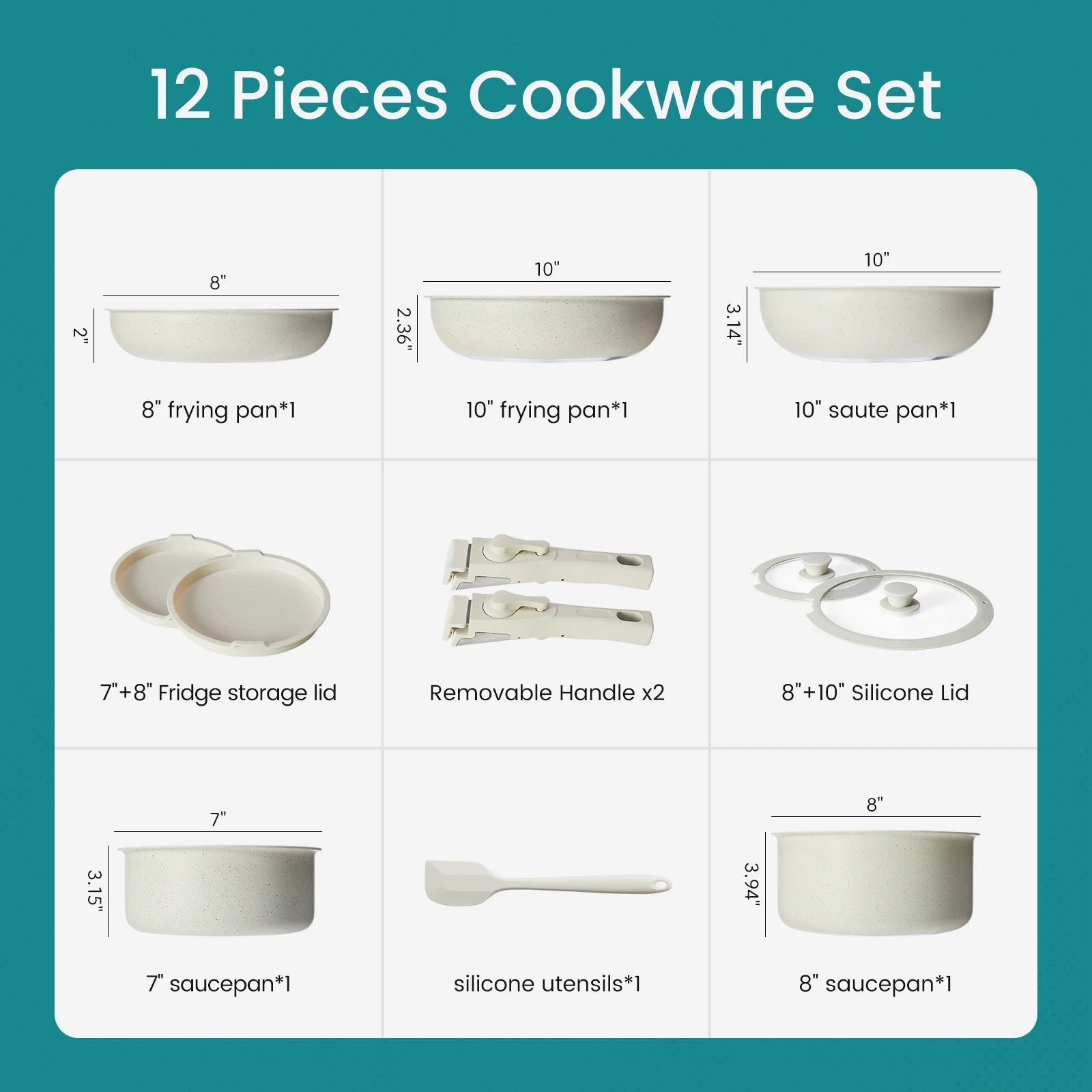 12 Pcs  Nonstick  Cookware Set with Induction Compatibility & Detachable Handles