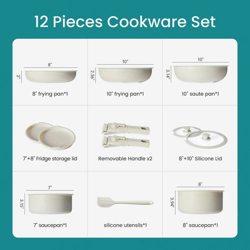12 Pcs  Nonstick  Cookware Set with Induction Compatibility & Detachable Handles
