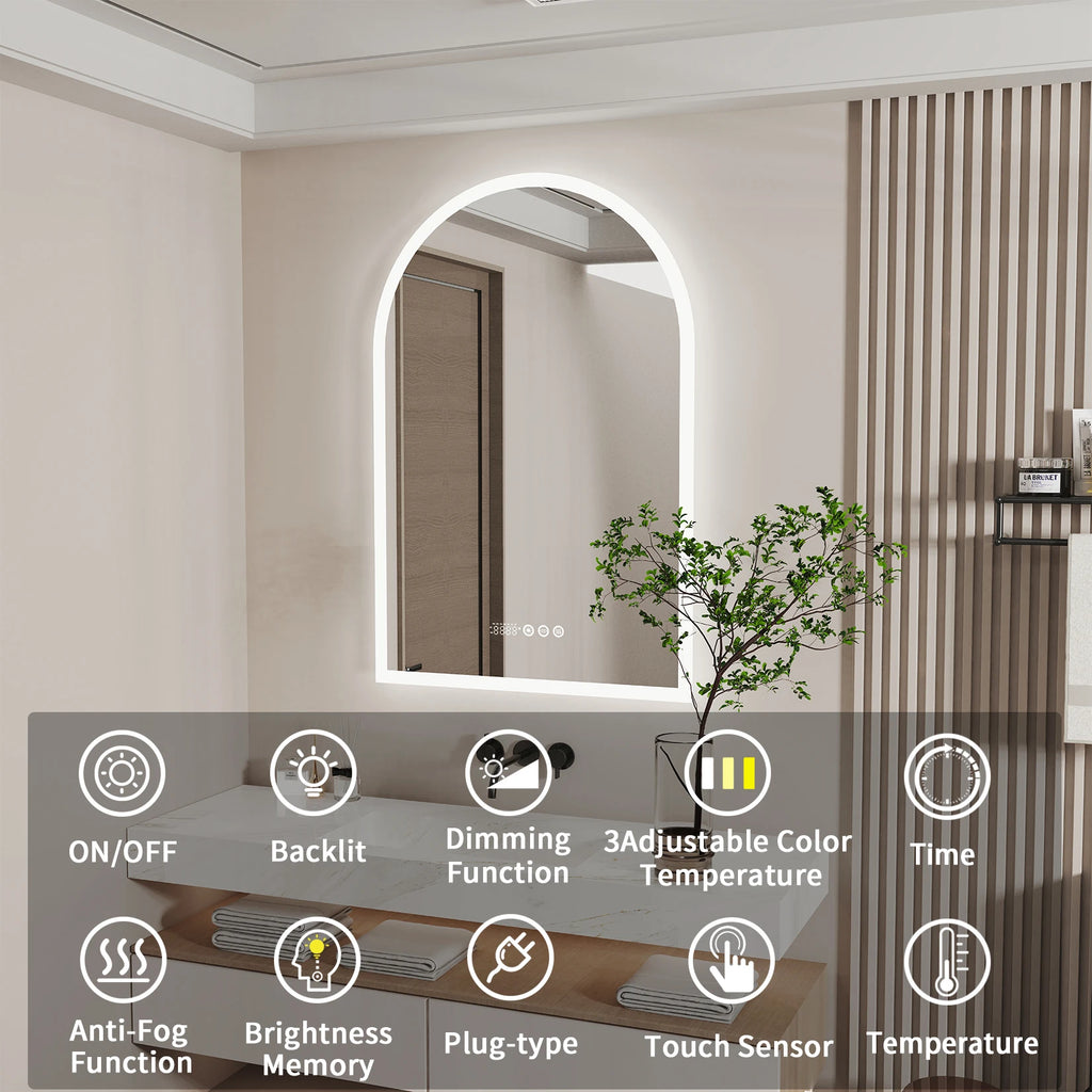 Backlit Smart LED Bathroom Mirror: 36 x 24 Inch Arched Dimmable 3 Colors Anti-Fog Lighted Mirrors with Time Temperature