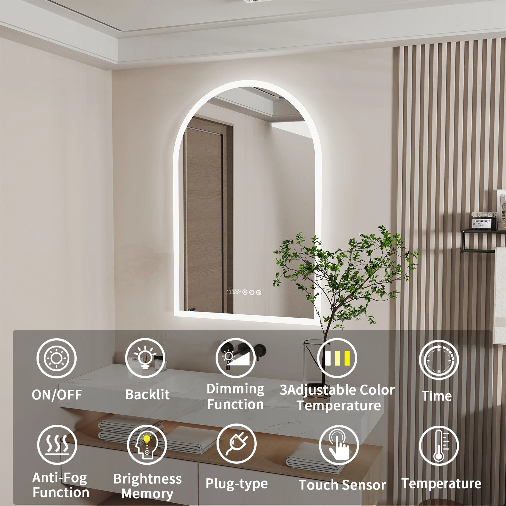 Backlit Smart LED Bathroom Mirror: 36 x 24 Inch Arched Dimmable 3 Colors Anti-Fog Lighted Mirrors with Time Temperature