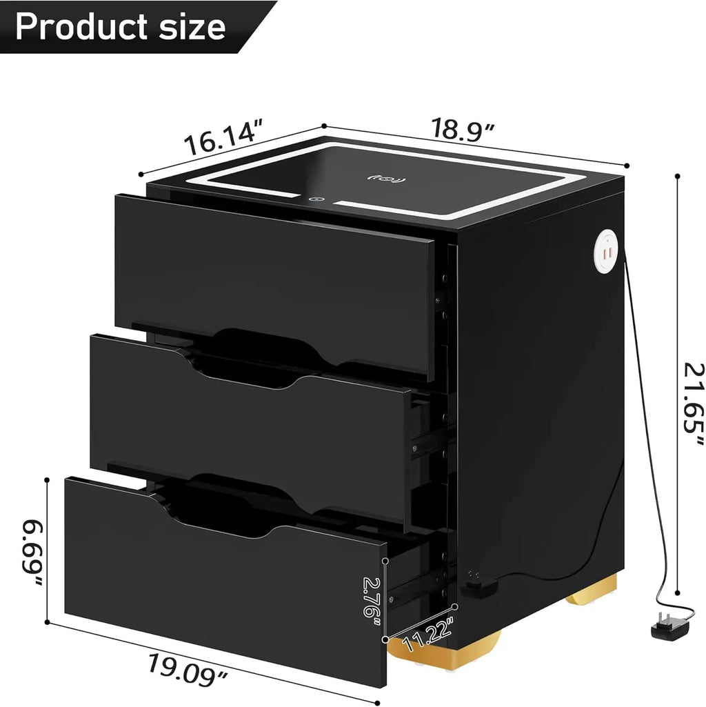 Black  LED Nightstand with Wireless Charger, USB  Ports & High-Gloss Finish