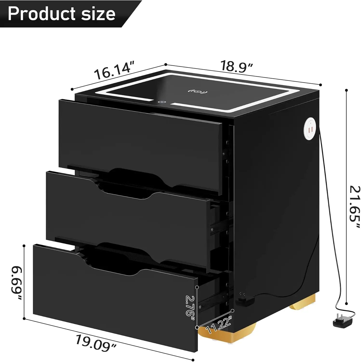 Black  LED Nightstand with Wireless Charger, USB  Ports & High-Gloss Finish