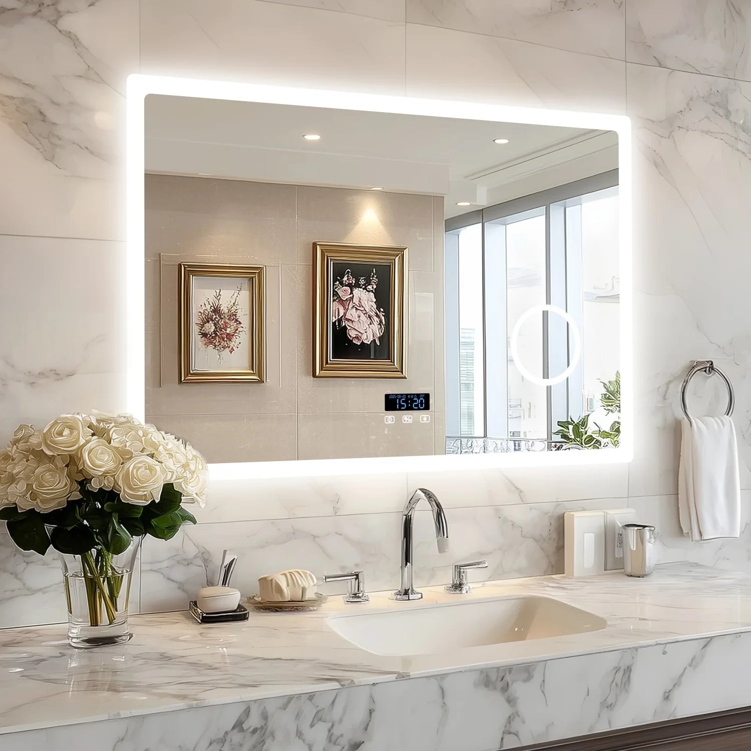 LED Bathroom Mirror with Bluetooth Dimmable Backlit  with 3X Magnifier and Screen Display