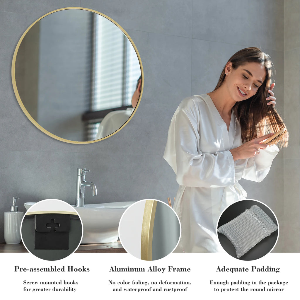 JHK 30"Gold Round wall  Mirror  Matte Metal Framed  Tempered Glass