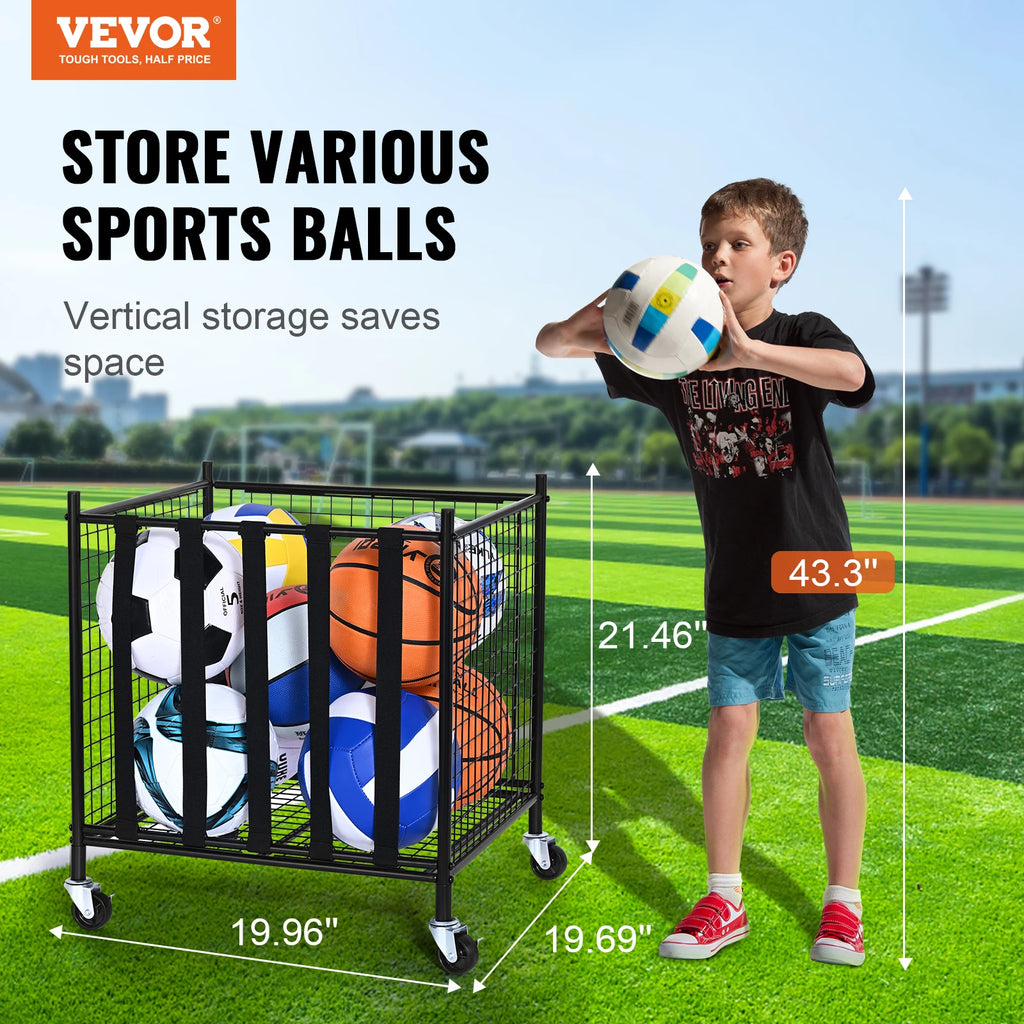 Rolling Sports Ball Storage Cart  Steel Rack for Garages Gym and Schools