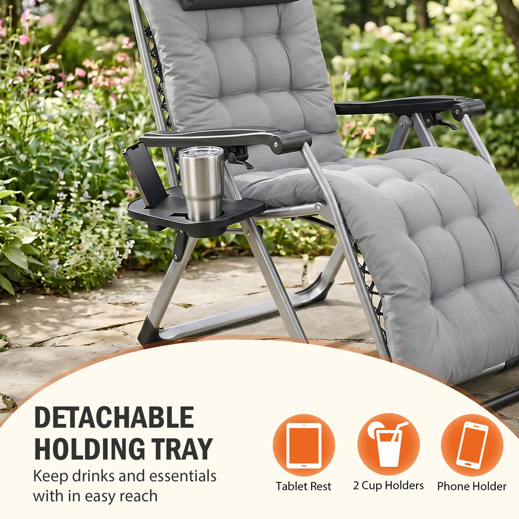 Reclining Camping Lounge Chair Soft Cushion Patio Chairs with Cup Holder Trays and Removable Cushion Folding