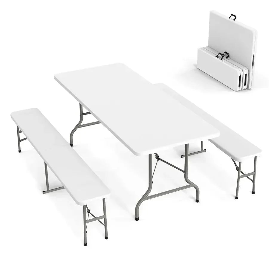 Picnic Table Set with 2 Benches, 6 Feet 3 Piece Set Folding