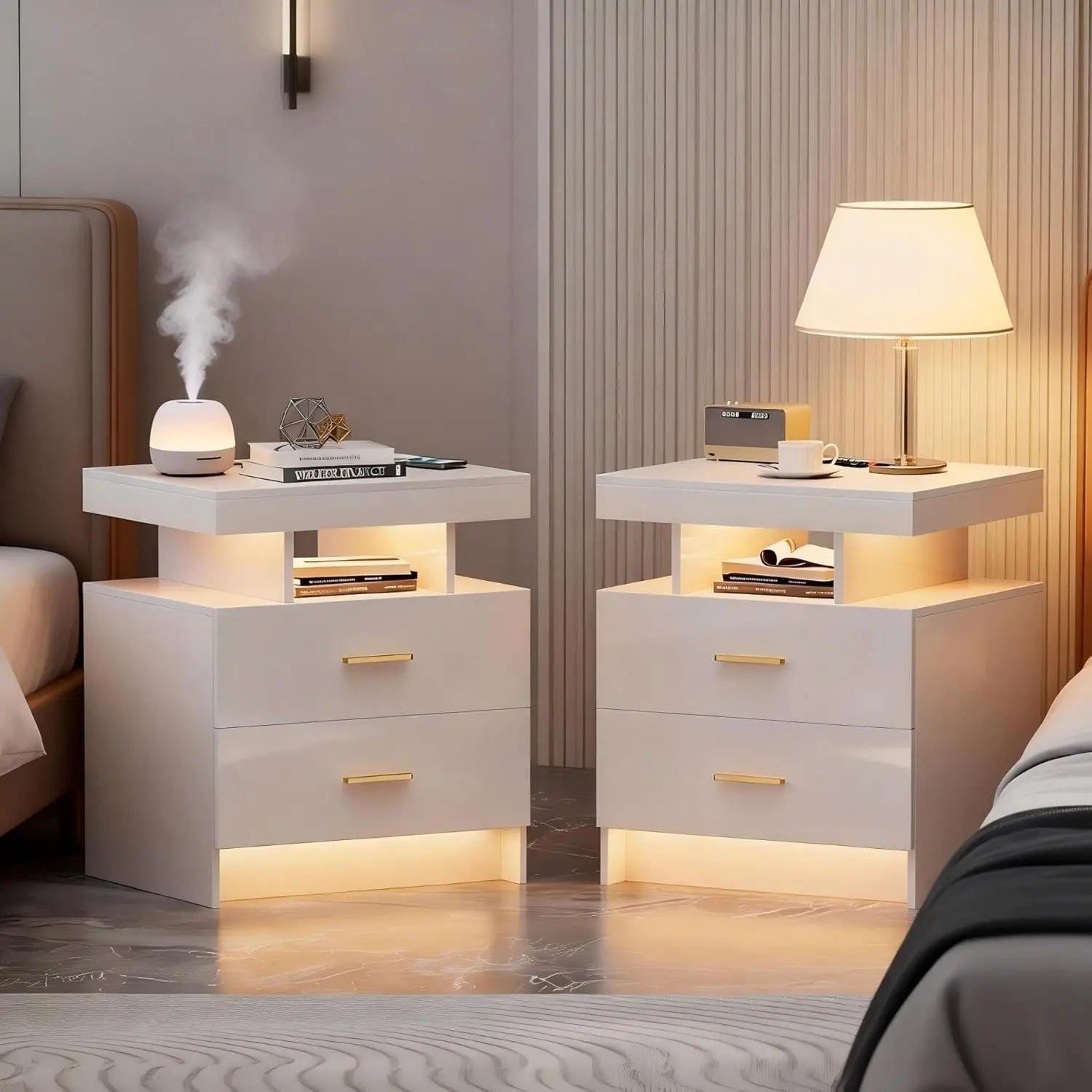 Black Night Stand Set 2  with Wireless Charging 3 Drawers Glass Top