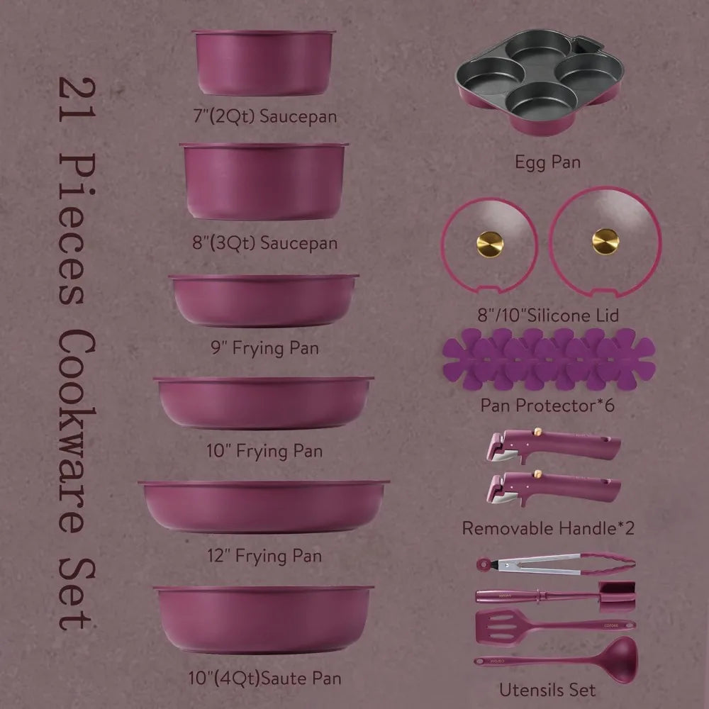 21-pc, Nonstick Pots & Pans Set, with Detachable Handle, Induction Ready