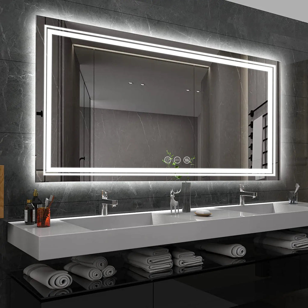 Extra Large Rectangle Bathroom Mirror LED  Dimmable Backlit Anti-Fog Memory with Front and Backlight Shatter-Proof