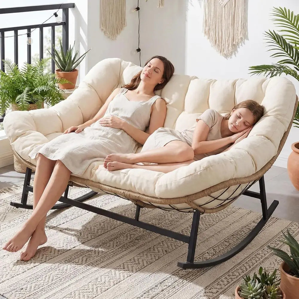 2-Person Wicker Rocking Loveseat with Cushion for Outdoor Relaxation