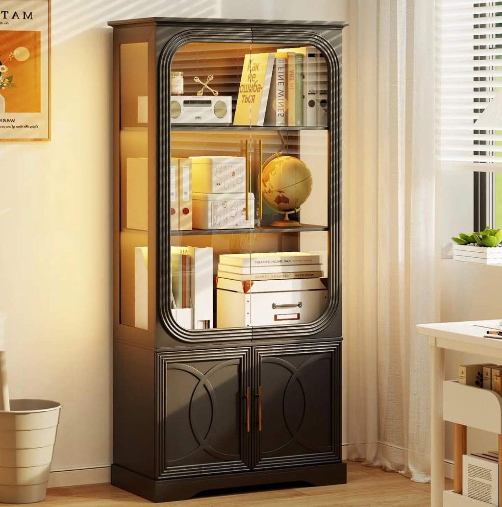 Display Cabinet with Glass Doors, 69 in Tall Bookcase with LED Lights,