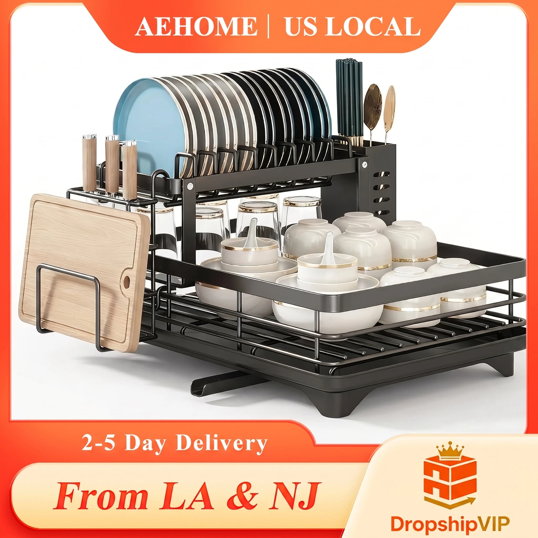 2-Tier Expandable Dish Drying Rack with Drainboard, Utensil Holder & Cutting Board Organizer