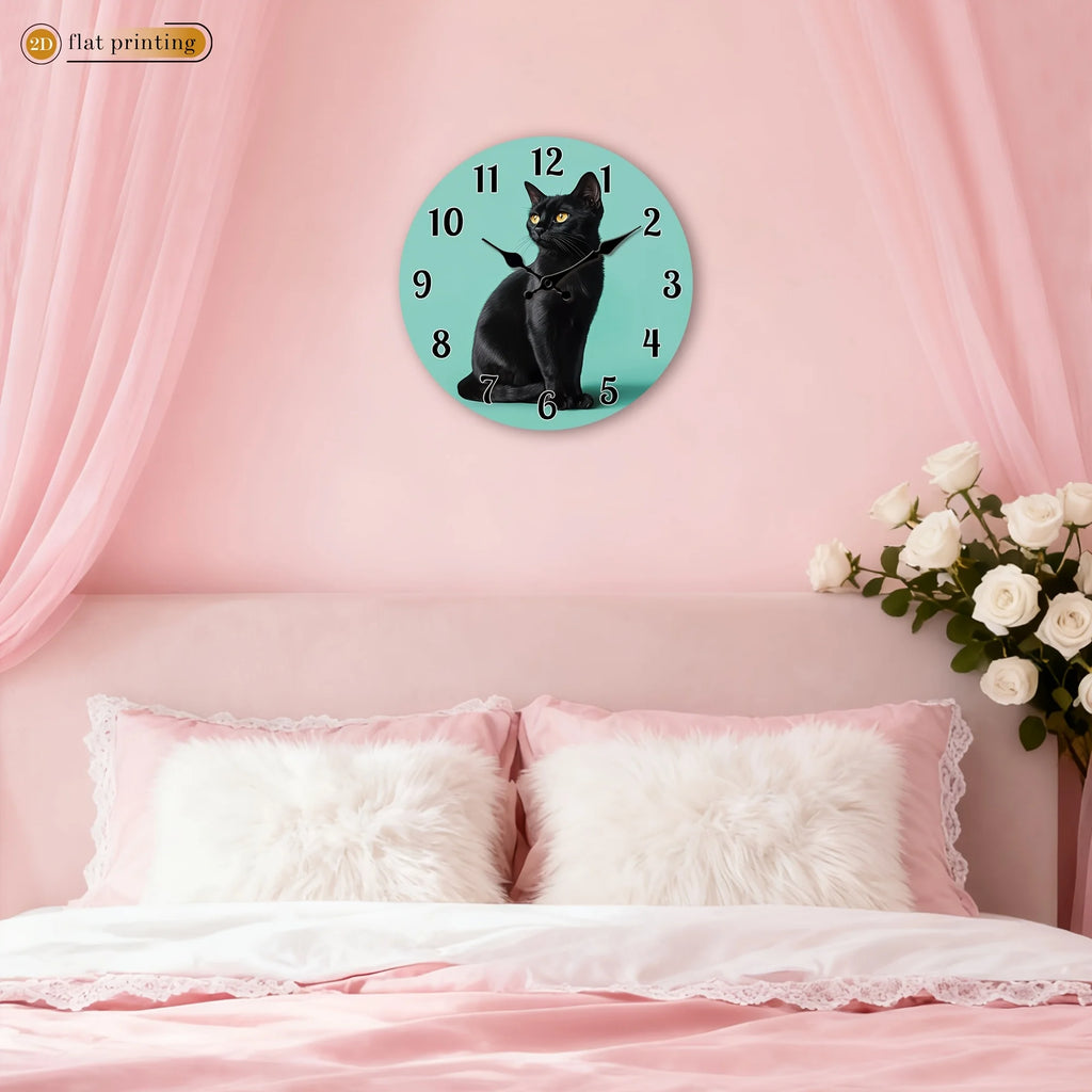 1pc Black Cat Portrait Wall Clock | Wooden Silent Clock, 2D Flat Printing,