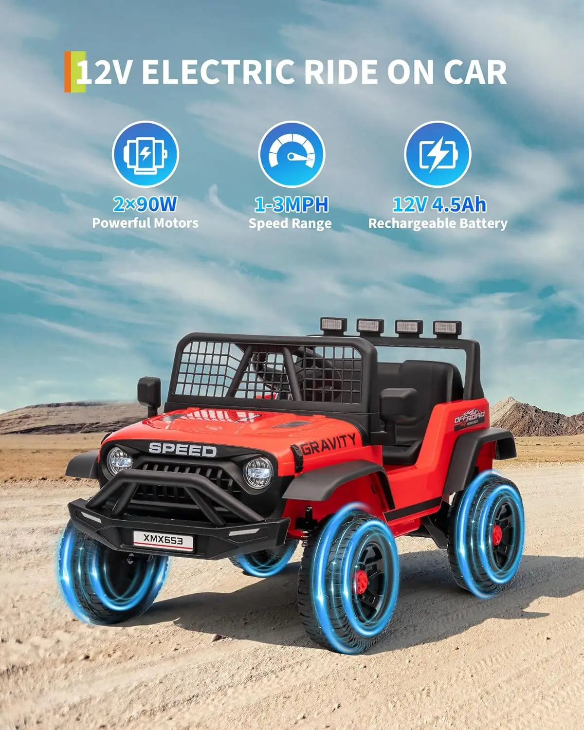 12V Kids Ride On Truck  w/Parent Remote , 3 Speeds, Emergency Braking, LED Lights, Music & Horn Kids