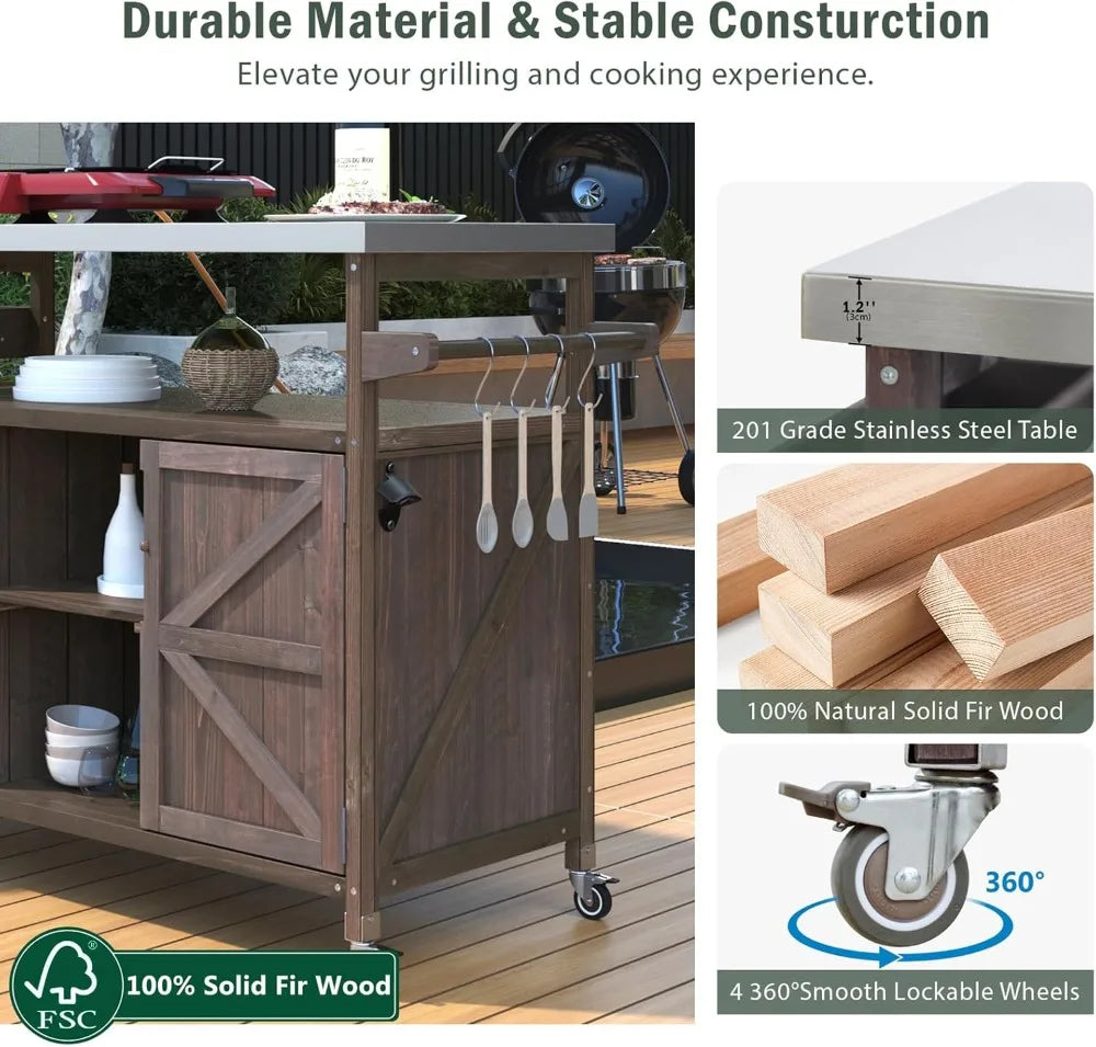 Outdoor Bar Cart with Storage, Portable Rolling Kitchen Island, Stainless Steel Top for Grill  Dark Brown