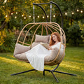 Double Egg Hanging Swing Chair with Stand Cushions Headrest 80"H Metal Basket
