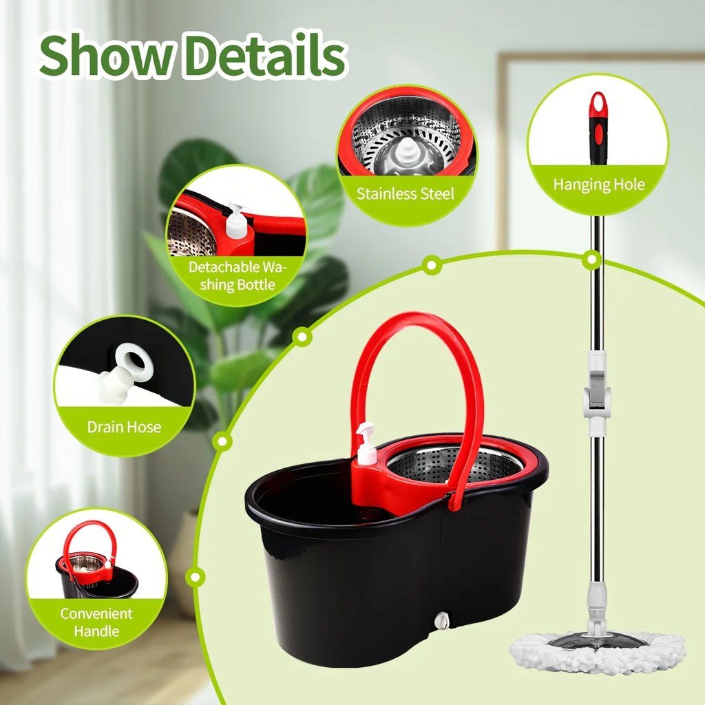 ° Spin Mop Bucket Set with Wringer, Stainless Steel Basket & Rotating Microfiber Mop Head
