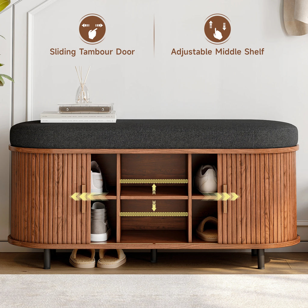 43.3" Shoe Storage Bench with 3 Tier Rack,  Cushion and Sliding Door Removable