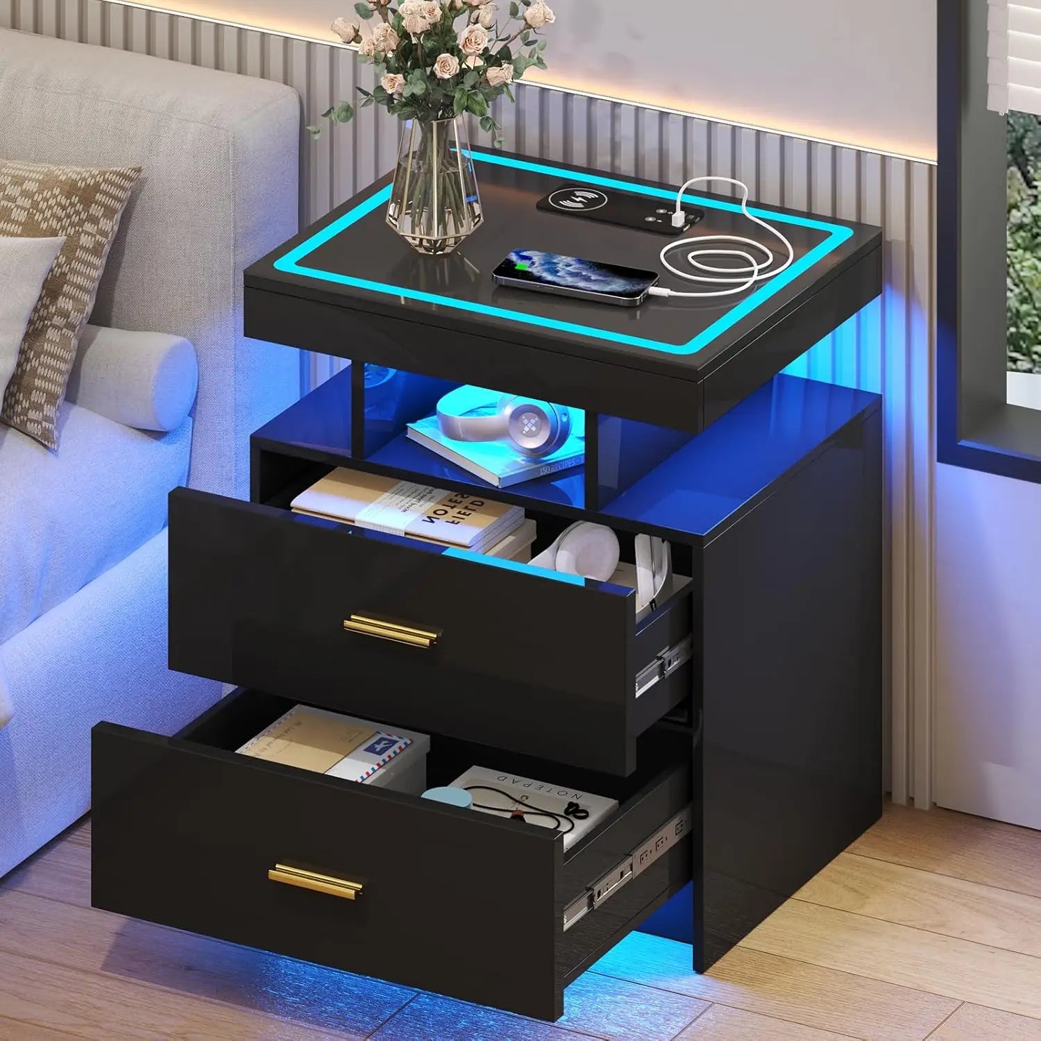 Black Night Stand Set 2  with Wireless Charging 3 Drawers Glass Top