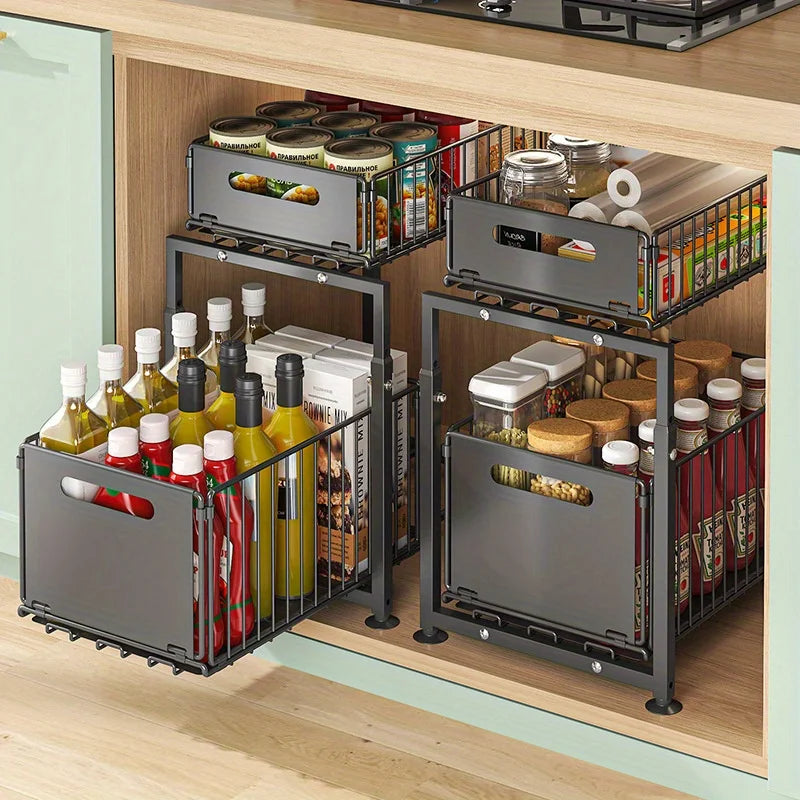 2 Tier Slide Out Cabinet Organizer , Adjustable Metal under sink storage shelf, Heavy Duty