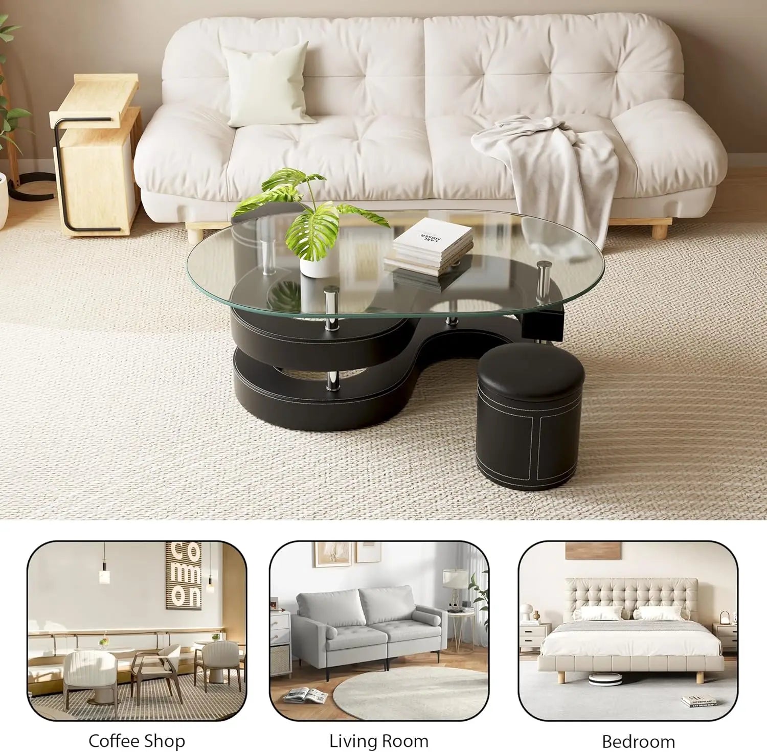 Modern oval glass coffee table set with 2 stools & tempered glass top