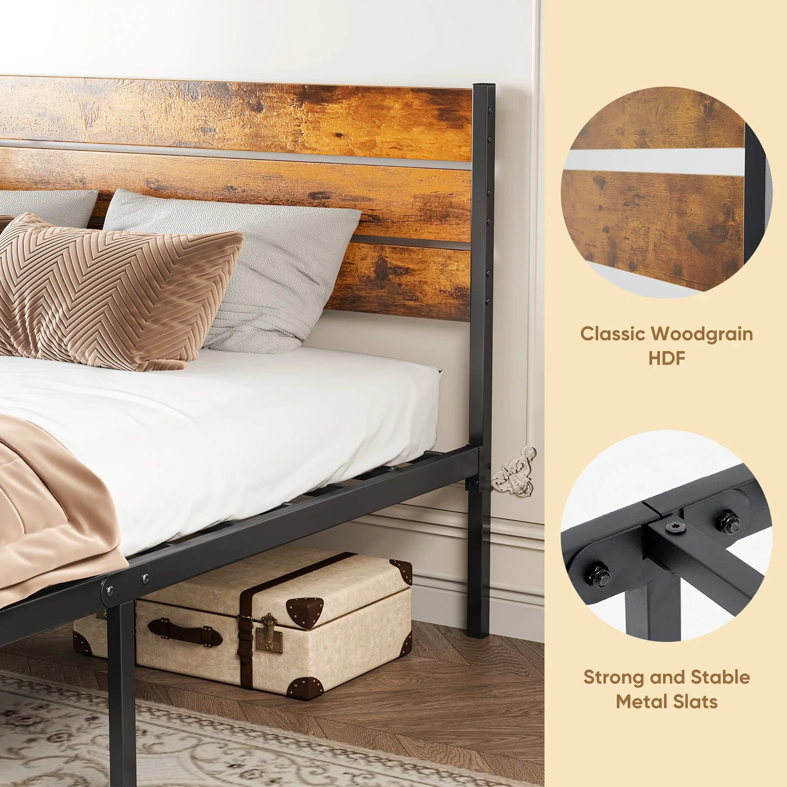 Wooden Headboard and Metal Platform Bed Frame No Box Spring Needed , 700LBS Sturdy Wooden Slats Support