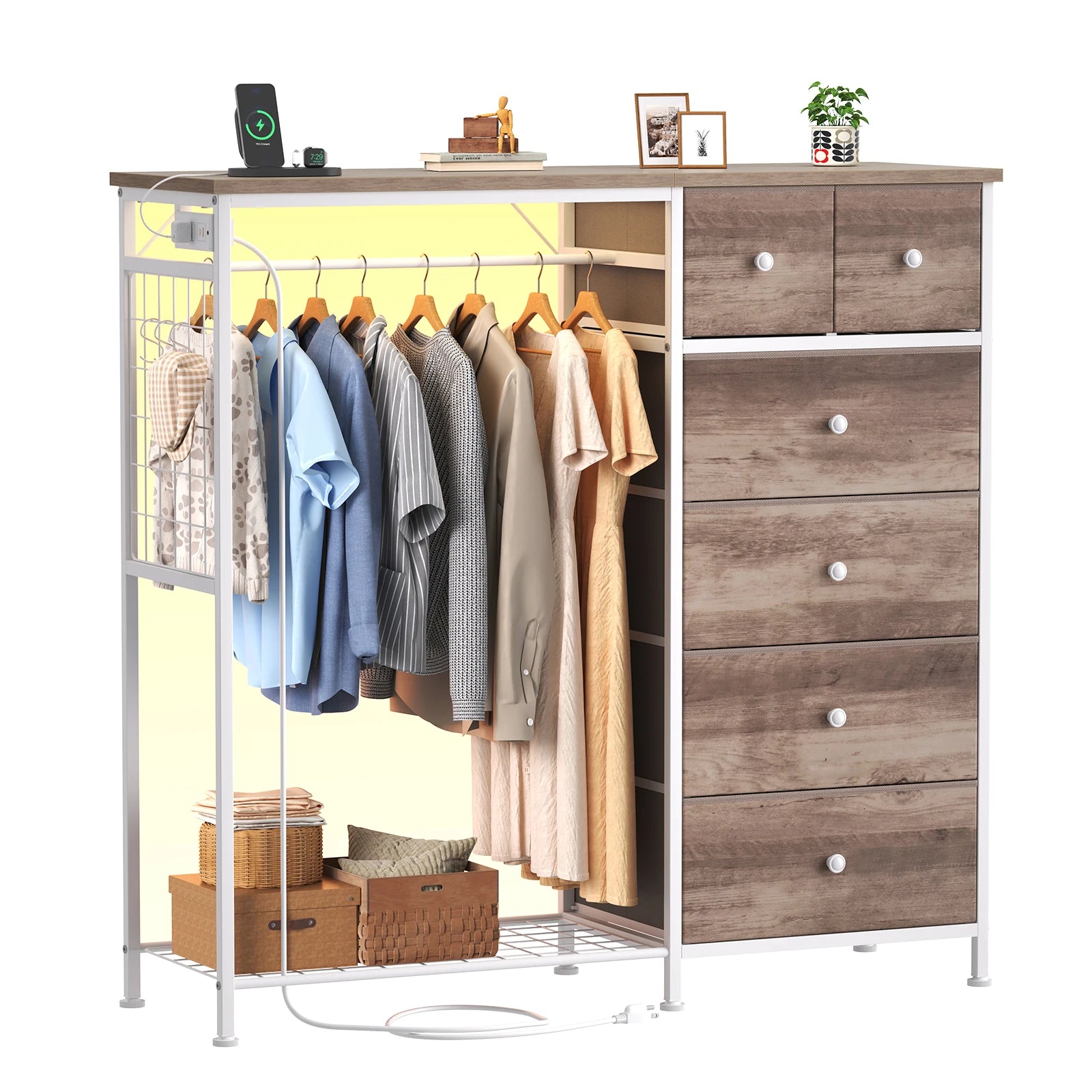 6 Drawer Fabric Dresser with Hanging Rack, Charging Station and LED Lights