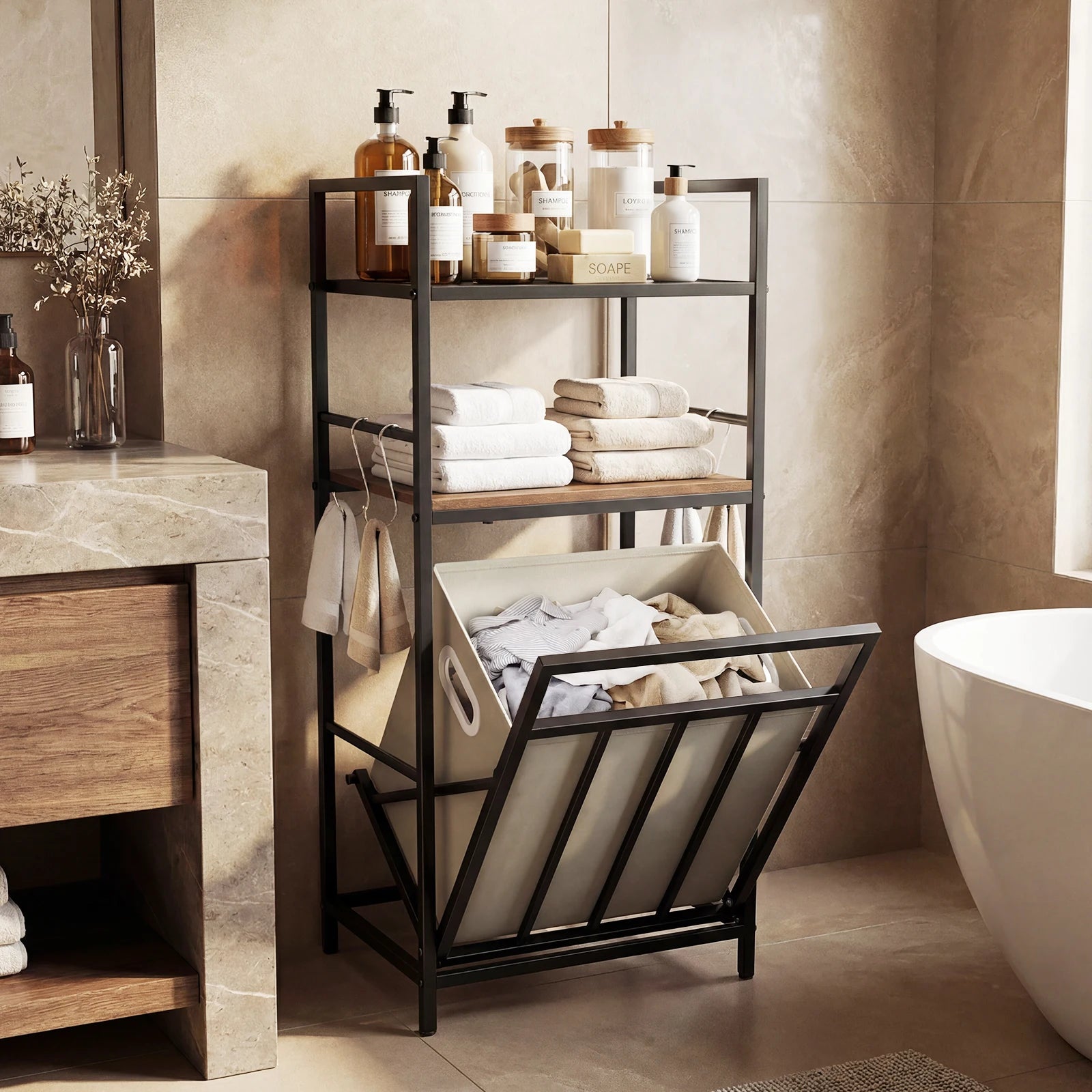 2-Tier Laundry Hamper w/ Tilt-out Basket, Laundry Sorter w/ 4 Hooks & Removable Bag
