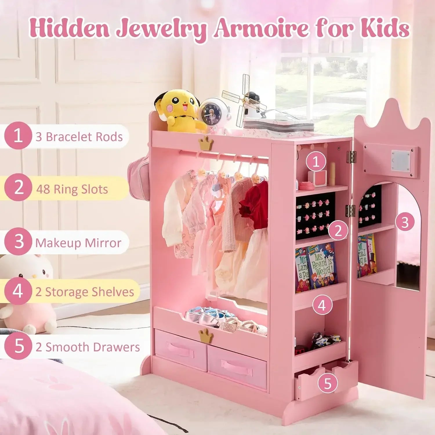 Kids Princess Armoire  - Wardrobe Closet with Dual Mirrors, Hidden Jewelry Cabinet, Shelves & Hanging Rack